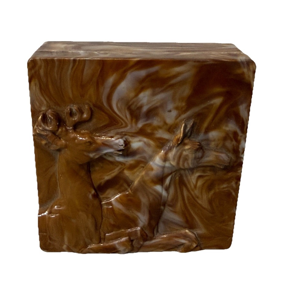Vintage HICKOK‎ Plastic Art Deco Box STAG DEER & DOE Brown Swirl Slag